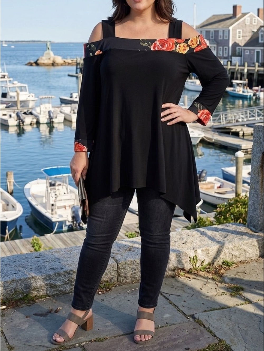 Fantazia Black Cold-Shoulder Floral Blouse - Size XL